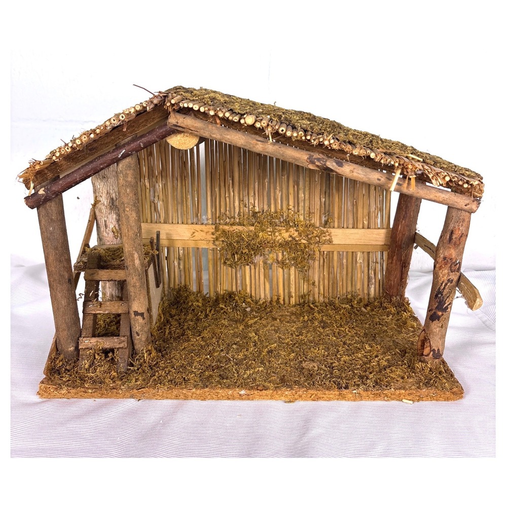 Rustic Wooden Nativity Stable Creche Moss Covered Christmas Decor 13.5 Inch